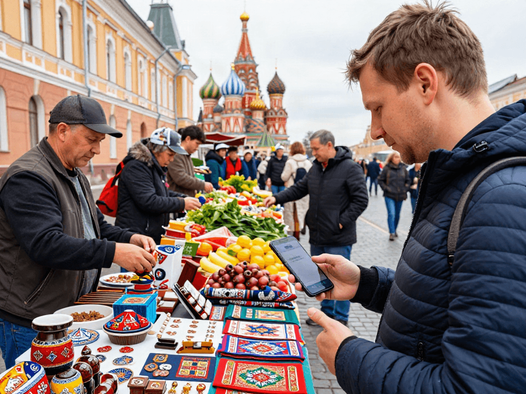 Pengunjung menggunakan aplikasi https://payinrussia.com/ saat berbelanja di pasar lokal Rusia, dikelilingi oleh barang-barang tradisional.