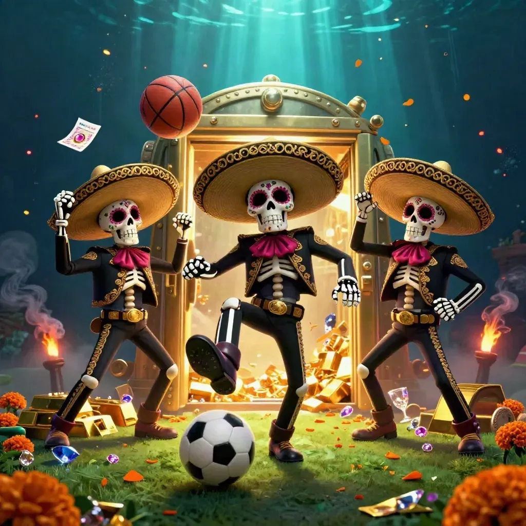 Tiga skeleton mariachi, bola sepak, peti emas, dan cahaya hijau-emas di latar gelap.