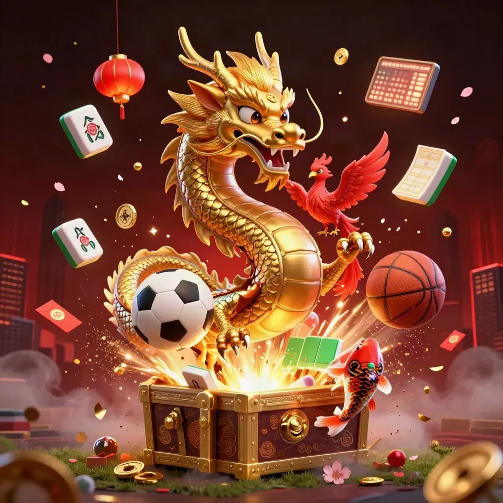 Naga emas, bola olahraga, koin, lentera, dan kilau kasino premium di latar merah gelap.
