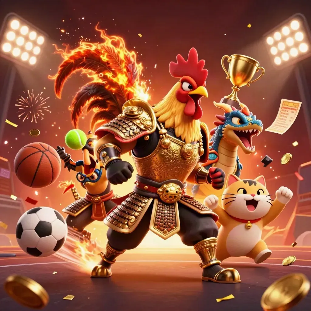 Ayam samurai, naga kecil, dan kucing keberuntungan dikelilingi bola dan cahaya stadion.