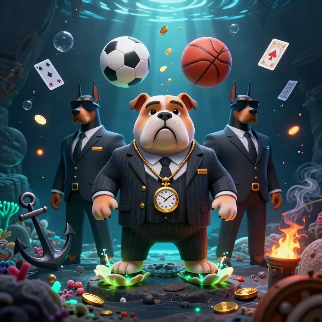 Bulldog bos mafia dan dua Doberman di bawah laut, dikelilingi bola, koin, dan terumbu emas.