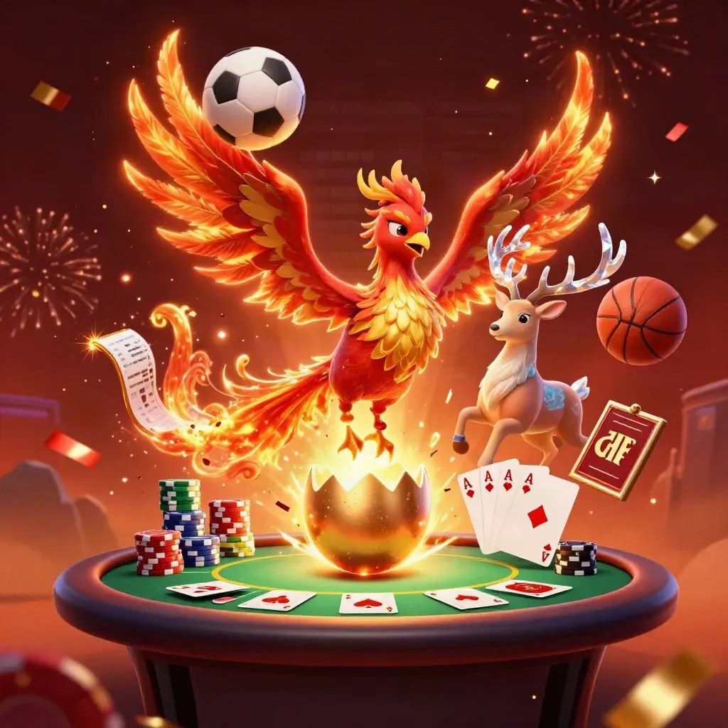 Phoenix merah, rusa kristal, telur emas, kartu, chip, bola, dan cahaya kasino meledak dramatis.