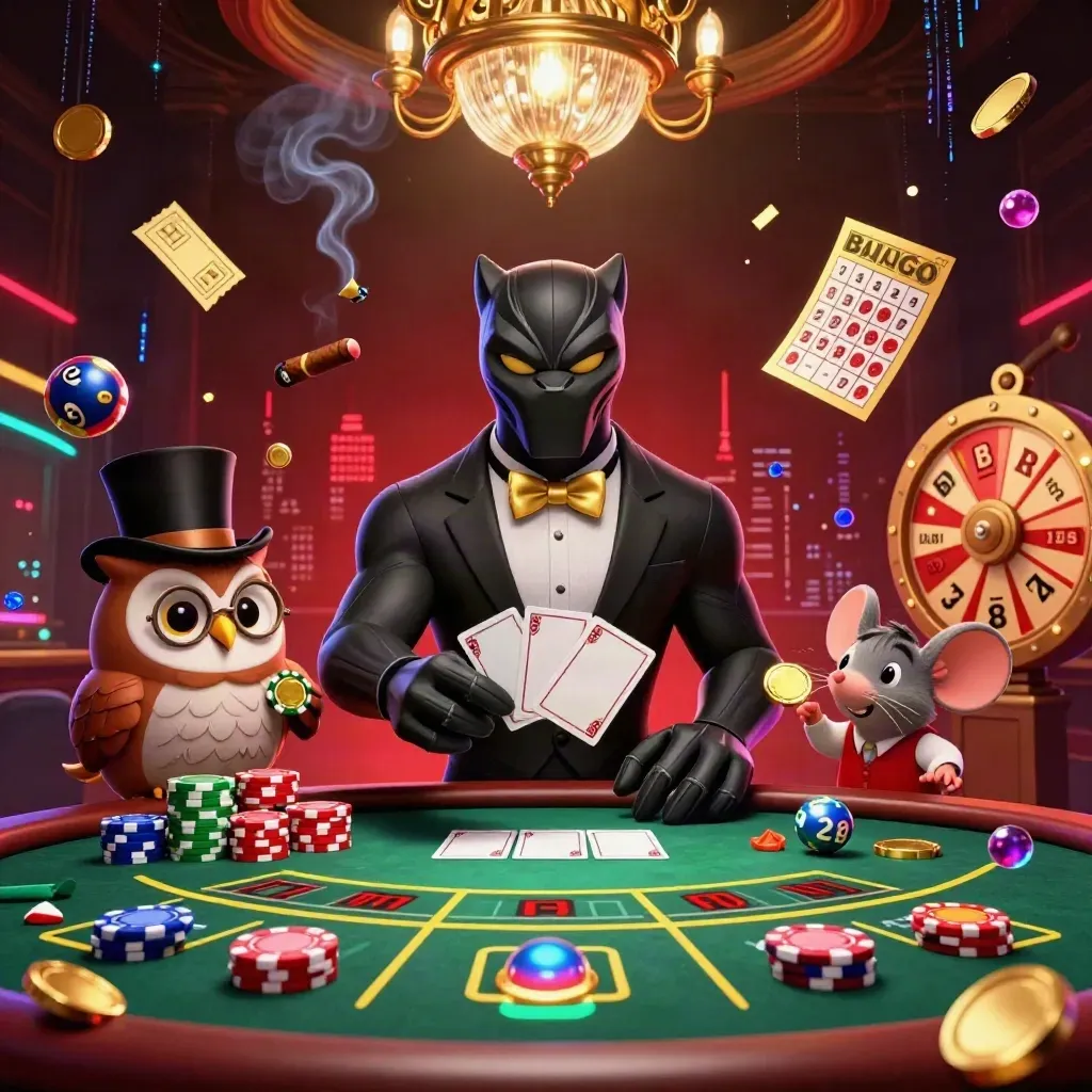 Panther tuxedo, burung hantu bertopi, dan tikus merah di meja kasino mewah dengan cahaya emas dan neon.