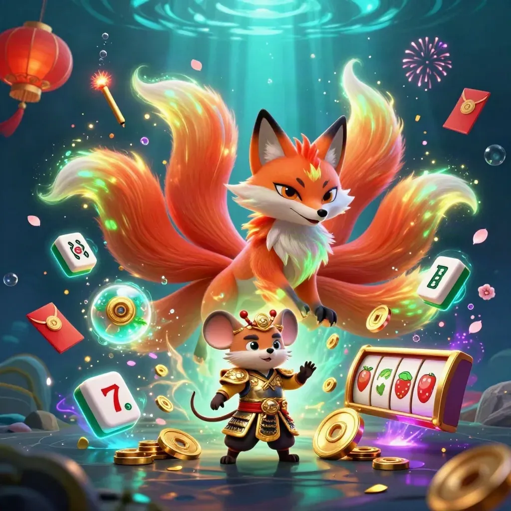 Rubah sembilan ekor neon dan tikus samurai emas dikelilingi harta, lampion, koin, dan cahaya bawah air.
