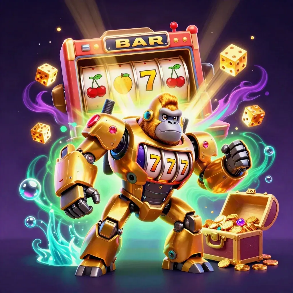 Gorila mecha emas dan monyet pilot, slot meledak, emas dan permata beterbangan.