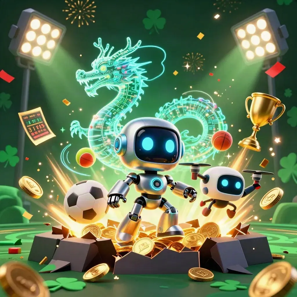 Robot naga, drone, dan naga hologram dikelilingi koin, bola, trofi, dan kembang api mewah.
