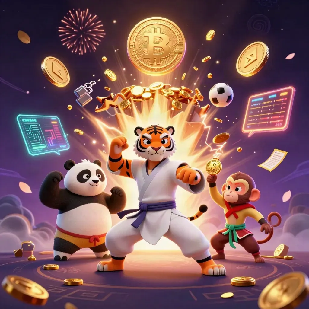 Harimau kung-fu, panda, dan monyet di ledakan koin emas, latar ungu gelap mewah.