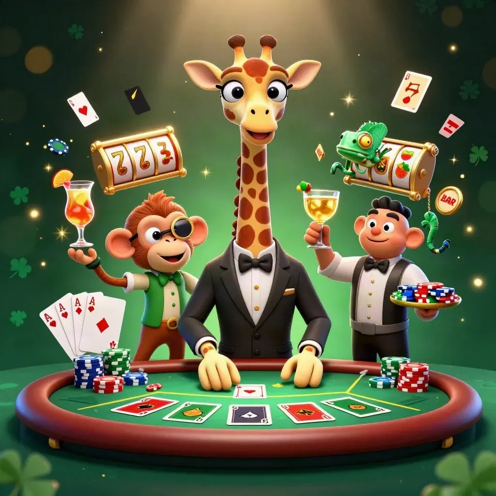 Tiga karakter kasino 3D di meja poker, chip emas, kartu as, dan latar hijau gelap berkilau.