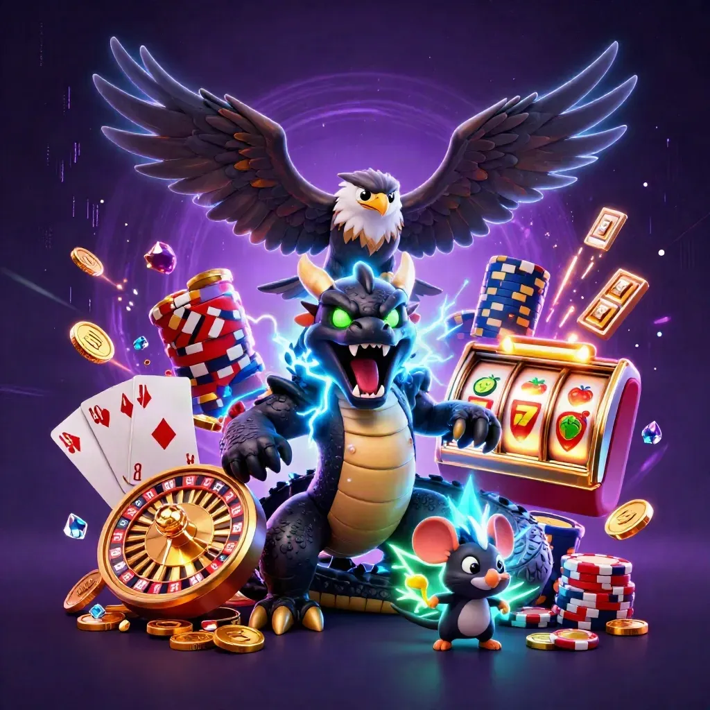 Naga petir, elang angin, dan tikus listrik di tengah koin emas, roulette, dan cahaya neon.