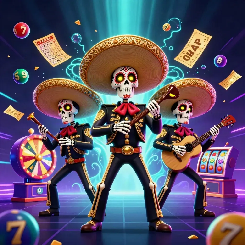 Tiga kerangka mariachi Day of the Dead dikelilingi bola lotre, roda hadiah, dan kilau kasino.