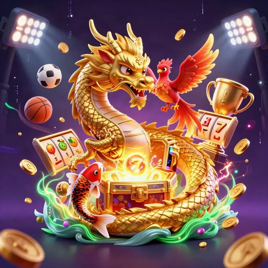 Naga emas 3D dengan phoenix merah, koi, bola olahraga, dan efek neon kasino.