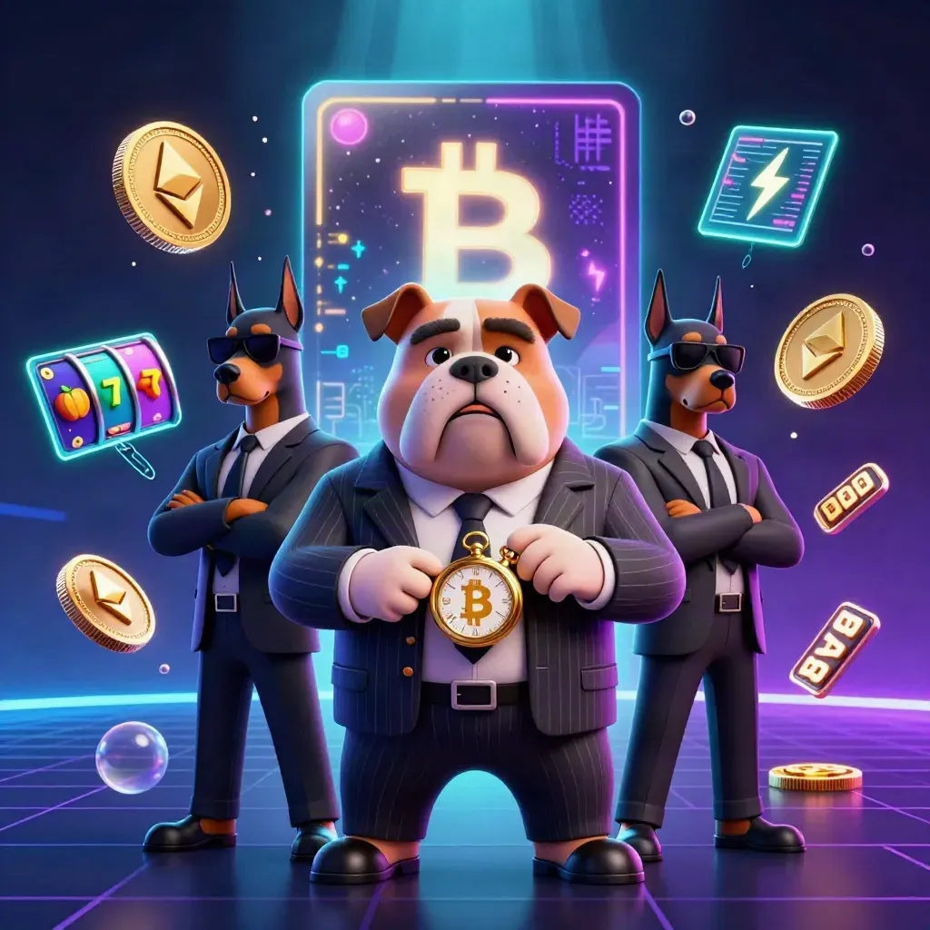 Bulldog bos mafia dan dua doberman dikelilingi koin kripto, kilat neon, dan simbol slot.