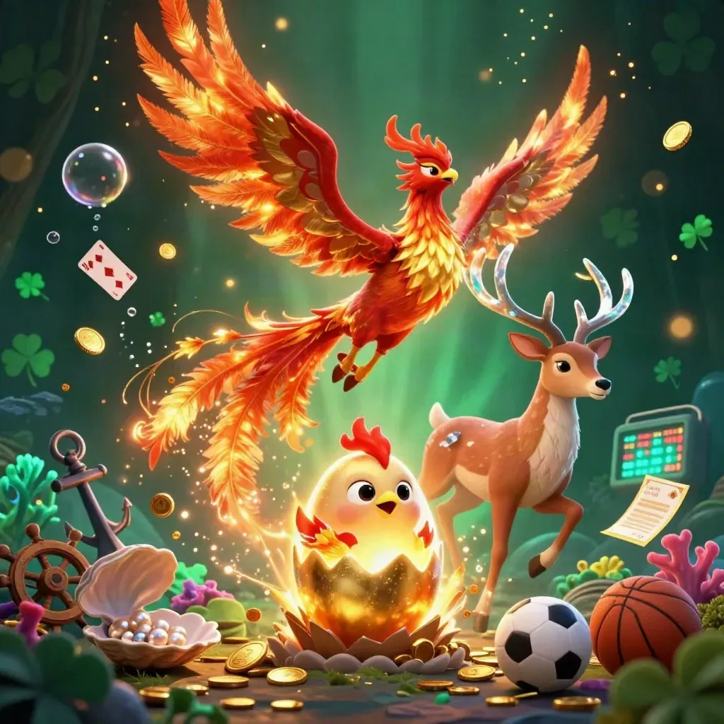 Phoenix, bayi phoenix, dan rusa kristal di harta bawah laut dengan koin emas dan efek neon.