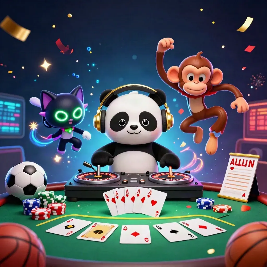 Panda DJ, monyet breakdance, dan kucing rave di meja kasino dengan chip, kartu, dan efek neon.