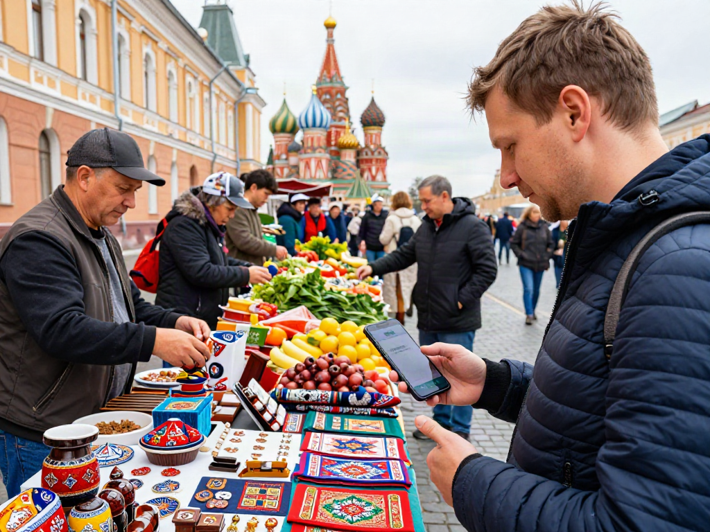 Pengunjung menggunakan aplikasi https://payinrussia.com/ saat berbelanja di pasar lokal Rusia, dikelilingi oleh barang-barang tradisional.